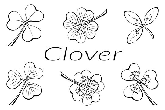 Set of Plant Pictograms, Clover Leaves, Black on White. Vector