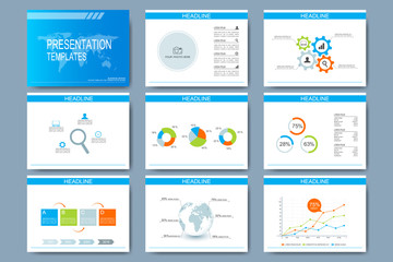 Fototapeta na wymiar Blue set of vector templates for multipurpose presentation slides. Modern business flat design with graphs and chart. Leaflet marketing advertising