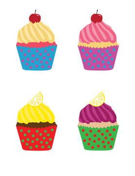 Four vivid cupcakes, illustration