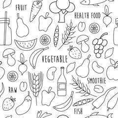 Health food seamless illustration. Fruit, vegetable, fish icons. Health, raw food.