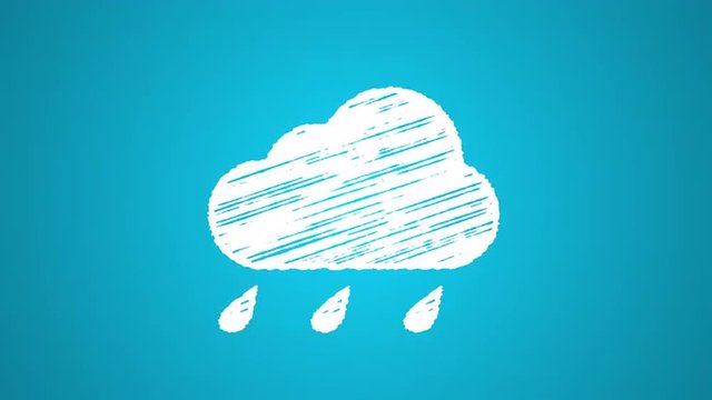 weather icon rain, blue cloud with drops painted with chalk isolated on white background, hand drawn animation 4K