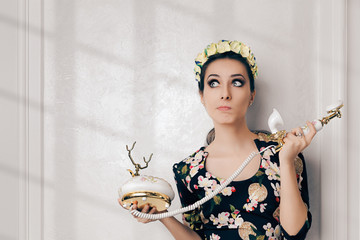 Undecided Retro Woman Ready With Vintage Phone