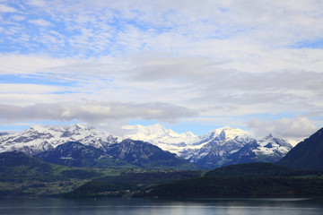 Fototapeta na wymiar Thunersee mit Blick auf die Berner Alpen, Schweiz