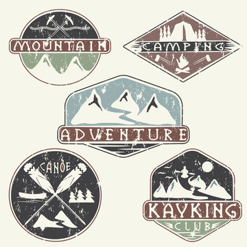 kayaking, camping,climbing and adventure vintage grunge labels s