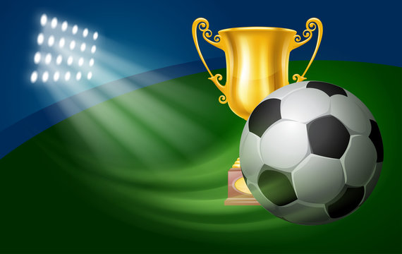 Card for Football Club with Flying Soccer Ball and Golden Trophy Cup on Green Background. Realistic Vector Illustration. 