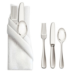 Silver ware or flatware set of fork, spoon and knife on napkin. Vector illustration - 106569587