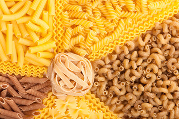 Assortment of italian pasta, five different varieties separated