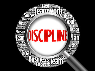 DISCIPLINE word cloud with magnifying glass, business concept
