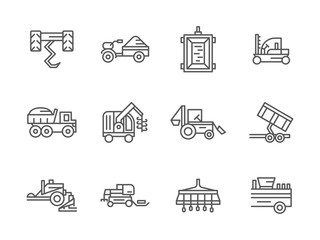 Farm machinery black line vector icons