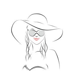 Девушка в шляпе и солнцезащитных очках в купальнике. Абстрактный рисунок, силуэт девушки в бикини, линии на белом фоне. 