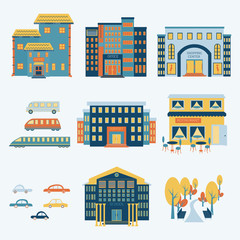 City infographics set with buildings and transportation elements. Vector illustration. Isolated elements.