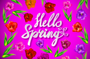 Creative green and pink texture with leaves and berries traces. Doodle circle frame with text hello spring. Vector design for spring sales, banners, advertisement.