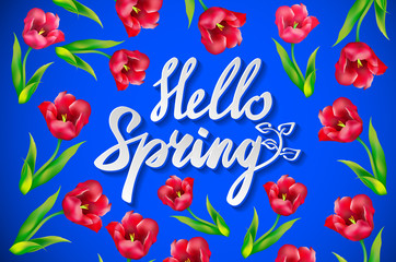 Fresh blue Hello Spring background with flowing white text and green leaves over a glowing graduated blue square background , vector illustration.