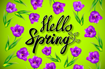 Hello Spring Vector Design with 3D Realistic Fresh Plants and Flowers Elements for Spring Season. Vector Illustration