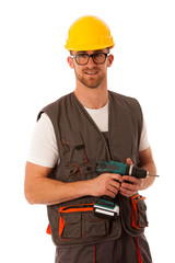 diy - young cheerful man holding battery screwdriver isolated ov