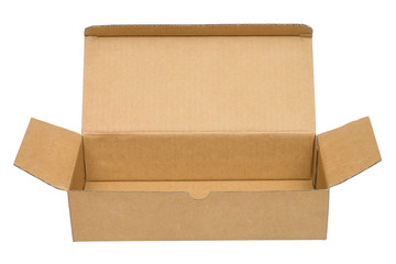 Open brown packing cardboard box. Isolated on white background. Front view. No shadow.
