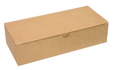 Closed brown packing cardboard box. Isolated on white background. Three-quarter view. No shadow.