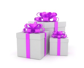 three gift boxes with bows isolated on white. 3D rendering.