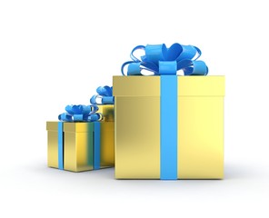 three gift boxes with bows isolated on white. 3D rendering.