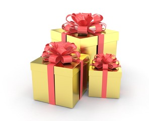 three gift boxes with bows isolated on white. 3D rendering.