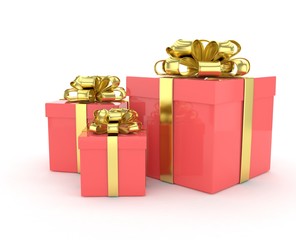 three gift boxes with bows isolated on white. 3D rendering.
