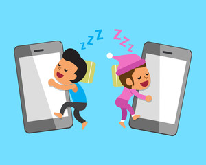 Cartoon man and woman sleeping with smartphones