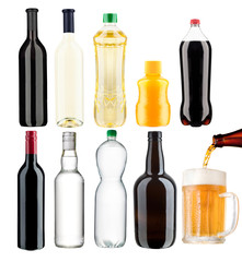 various bottles on a white background with clipping paths