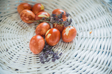 colorful Easter eggs on rustic background