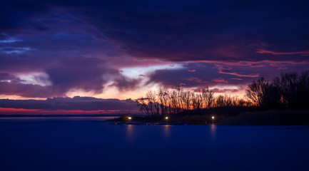 Beautiful sunset light on winter lake Balaton (Hungary)