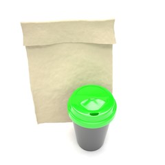 Coffee to go and lunch bag, on white. 3D rendering.