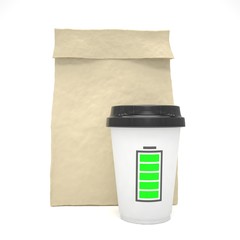 Coffee to go and lunch bag, on white. 3D rendering.