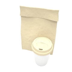 Coffee to go and lunch bag, on white. 3D rendering.
