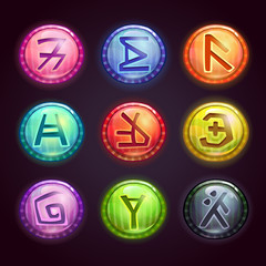 Round colorful buttons with fantastic symbols