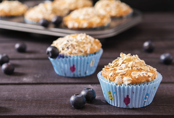 Oat muffins with blueberries on a dark wooden background 
