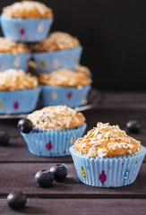 Oat muffins with blueberries on a dark wooden background 