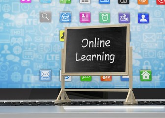  Laptop with chalkboard, online education concept. 3D rendering.