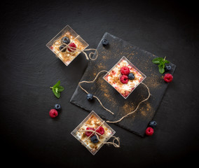 lovely composition of glass dessert with yogurt cream and red fr
