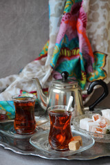 Black tea Turkish cups with sweetness..