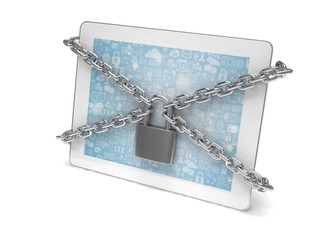 tablet PC with chains and lock isolated on white background. 3D rendering.