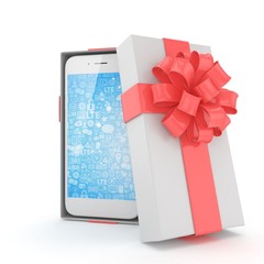 Smartphone in gift box. Isolated on white background. 3D rendering.