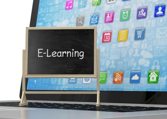  Laptop with chalkboard, e-learning, online education concept. 3D rendering.