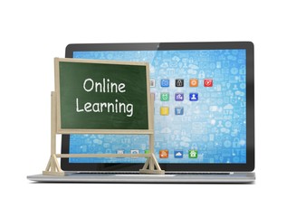  Laptop with chalkboard, online education concept. 3D rendering.