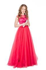 Obraz na płótnie Canvas Studio shot beautiful young singing girl in elegant red dress lo