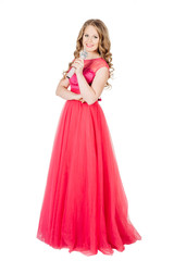 Studio shot beautiful young singing girl in elegant red dress 