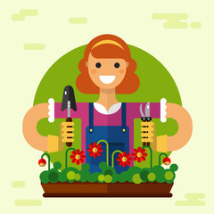 Vector flat style illustration of smiling girl gardening in gloves with shovel and pruner. Flowerpot with flowers. Gardening and agriculture concept.