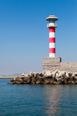 Red and white striped lighthouse tower, Burgas