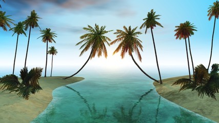 Fototapeta na wymiar palms on the ocean beach, tropical beach 3D rendering.
