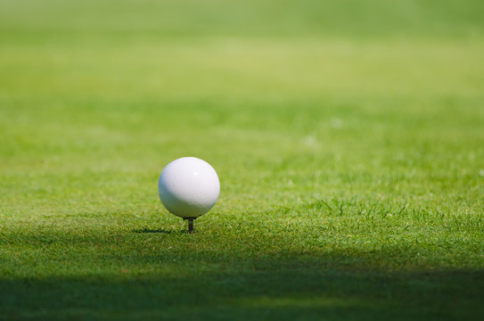 Golf ball on the green lawn background, sunny natural sport image. Competition, achivement and target concept.