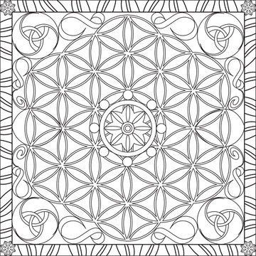 Page Coloriage pour Adultes Livre Design Motif Fleur de Vie Mandala Triskel Symbole Infini Vecteur Illustration