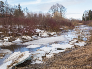 Ice drift on the river Slavyanka in Pavlovsk park, St. Petersburg, Russia